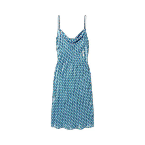 Pleated Striped Satin Chiffon Midi Dress