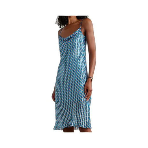 Pleated Striped Satin Chiffon Midi Dress