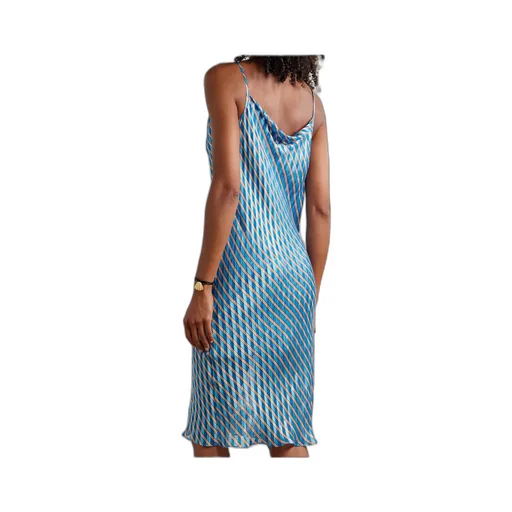 Pleated Striped Satin Chiffon Midi Dress