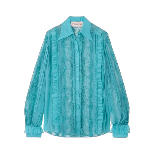 Pleated Ruffled Bead-Embellished Lace-Trimmed Silk-Organza Shirt