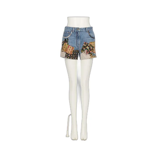 Patchwork Beaded-Appliqué Denim Shorts