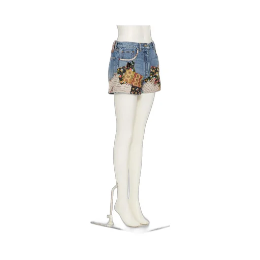 Patchwork Beaded-Appliqué Denim Shorts