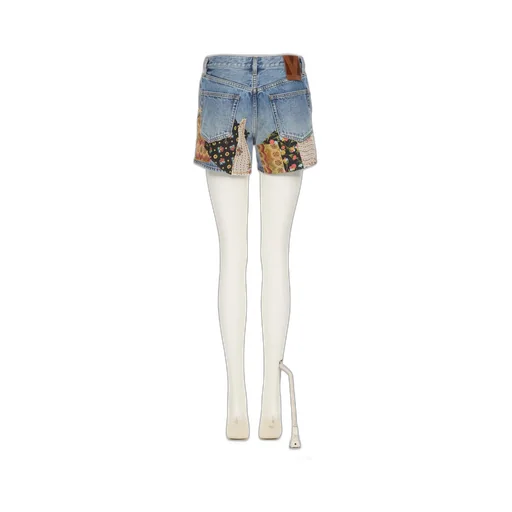 Patchwork Beaded-Appliqué Denim Shorts