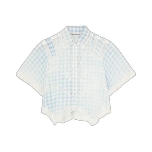 Cropped Silk Shirt With Blue Vichy Print And Valencienne Lace