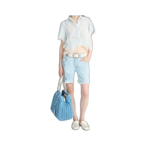 Cropped Silk Shirt With Blue Vichy Print And Valencienne Lace