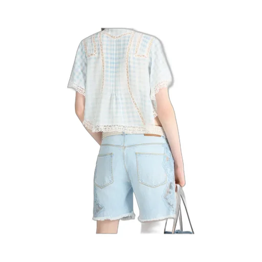 Cropped Silk Shirt With Blue Vichy Print And Valencienne Lace