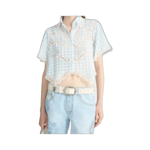 Cropped Silk Shirt With Blue Vichy Print And Valencienne Lace