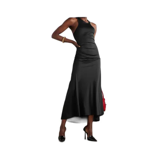 Asymmetric Ruched Satin-Jersey Midi Dress