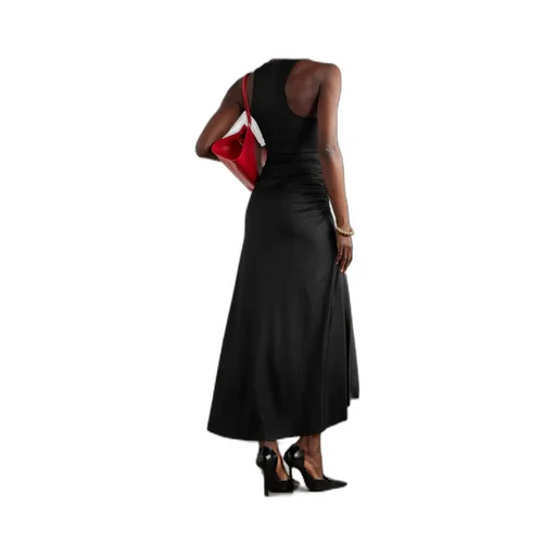 Asymmetric Ruched Satin-Jersey Midi Dress