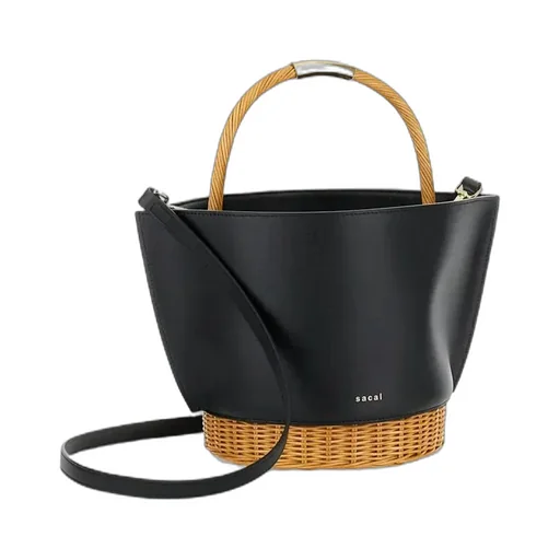 Sacai Logo Printed Woven Handle Bucket Bag
