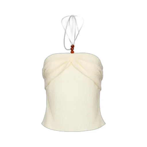Draped Halterneck Top With Beads In Cream