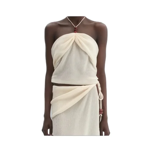 Draped Halterneck Top With Beads In Cream