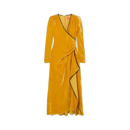 Wrap-Style Long Dress With Draped Lace Trim
