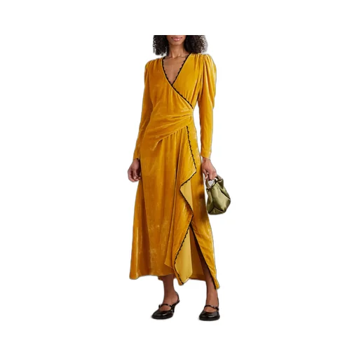 Wrap-Style Long Dress With Draped Lace Trim