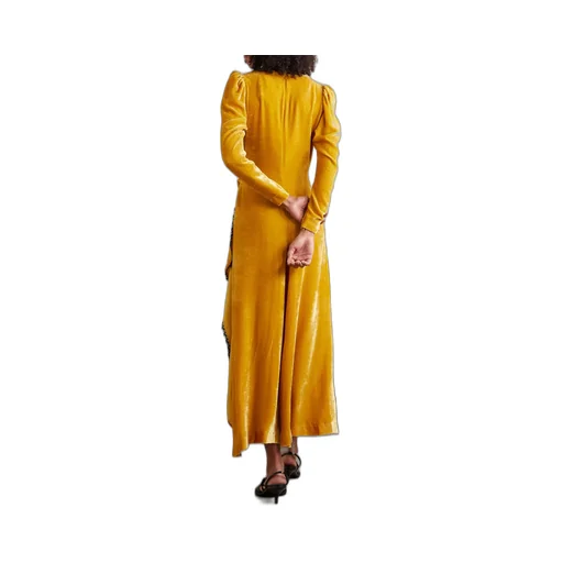 Wrap-Style Long Dress With Draped Lace Trim