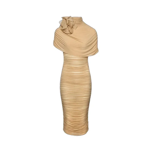 Draped Cape-Effect Midi Dress In Beige
