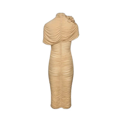 Draped Cape-Effect Midi Dress In Beige