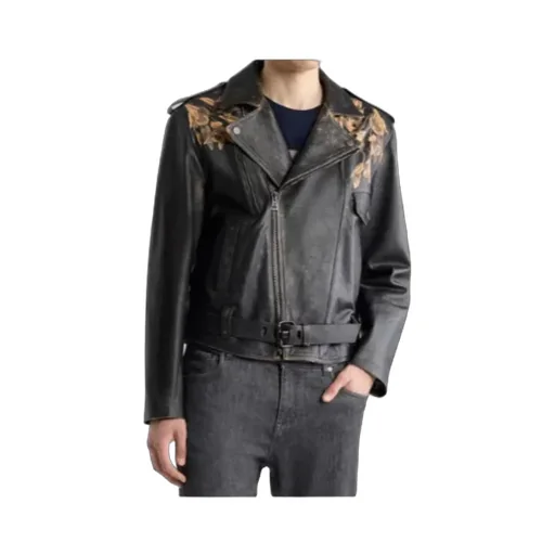 Leather Biker Jacket With Placed Leopard Print