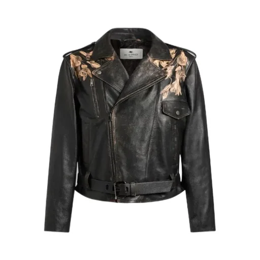 Leather Biker Jacket With Placed Leopard Print