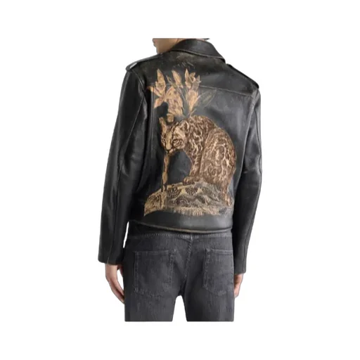 Leather Biker Jacket With Placed Leopard Print