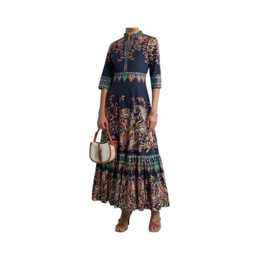 Long Cotton Dress With Placed Floral Paisley Print