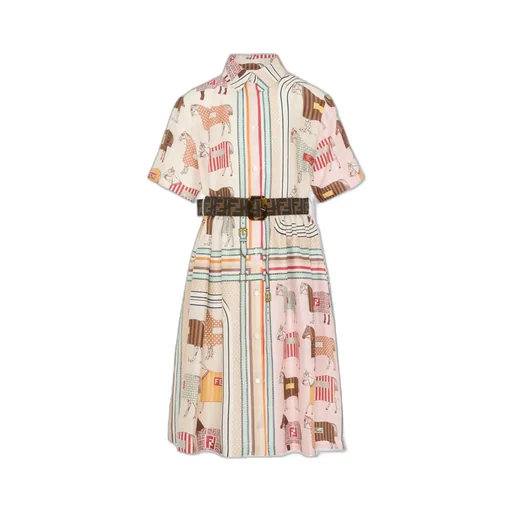 Horse-Motif Striped Cotton Dress
