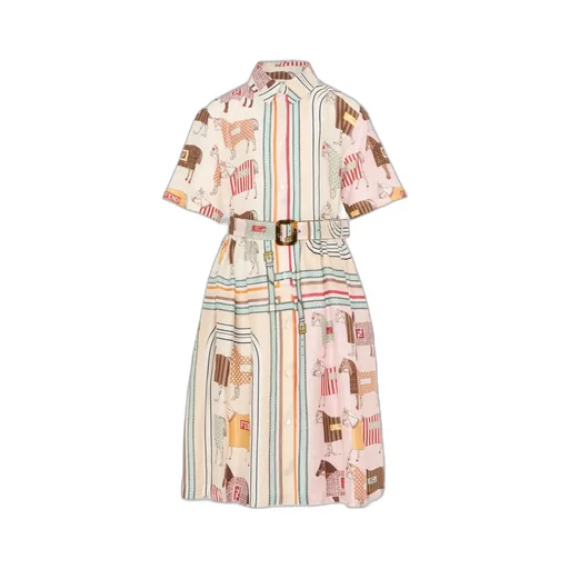 Horse-Motif Striped Cotton Dress