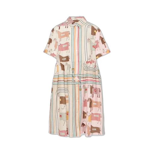 Horse-Motif Striped Cotton Dress