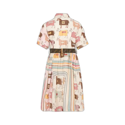 Horse-Motif Striped Cotton Dress