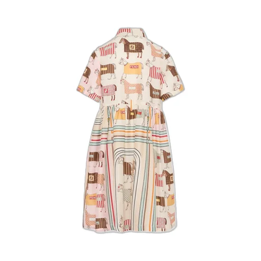 Horse-Motif Striped Cotton Dress