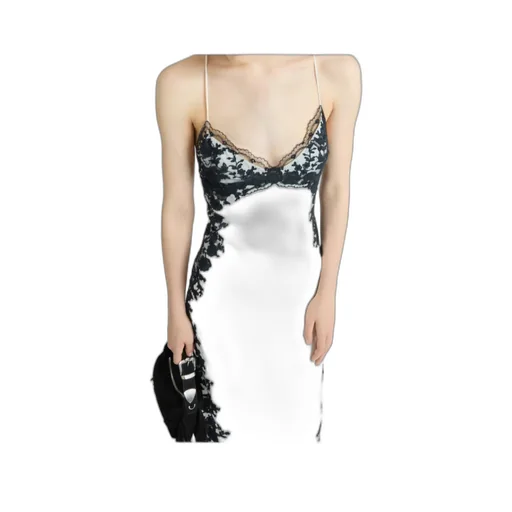 Long Lingerie-Style Dress In Pure Silk Satin With Rebrodé Lace