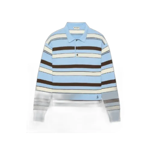 Knitted Striped Rugby Polo Top In Misty Blue