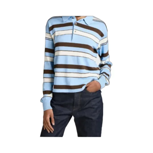 Knitted Striped Rugby Polo Top In Misty Blue