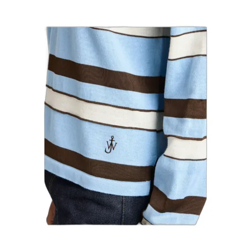 Knitted Striped Rugby Polo Top In Misty Blue