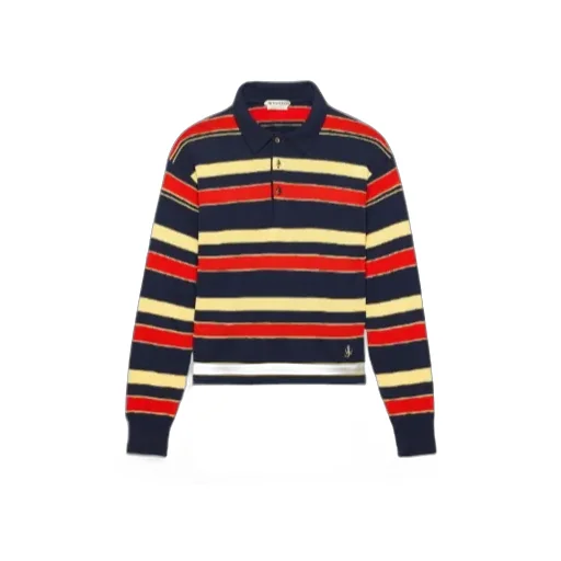 Knitted Striped Rugby Polo Top In Navy