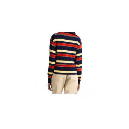Knitted Striped Rugby Polo Top In Navy