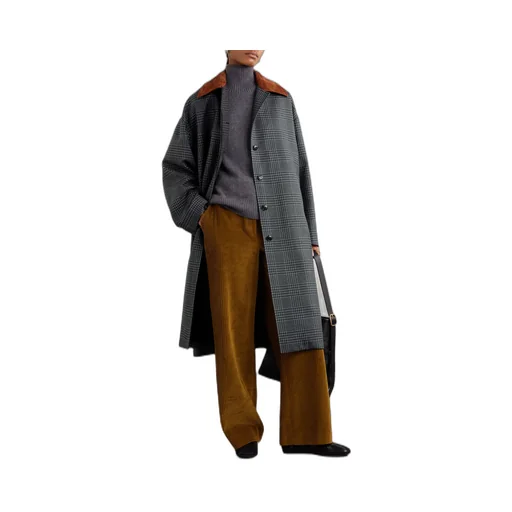 Suede-Trimmed Checked Wool Coat