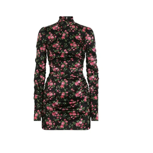 Small Rose Bouquets-Print Long Satin Dress