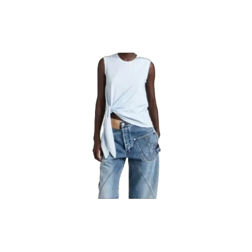 Hem Knot Tank Top In White & Blue