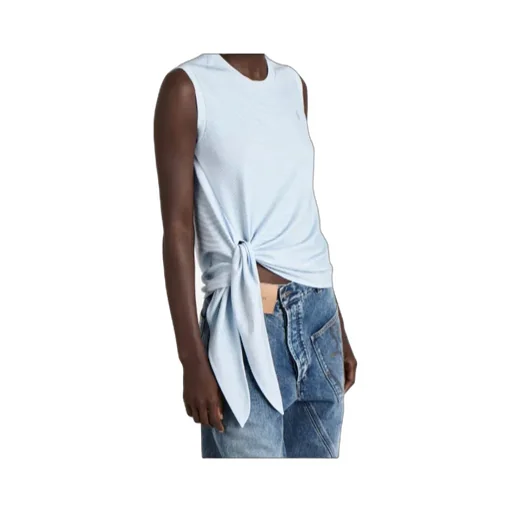 Hem Knot Tank Top In White & Blue