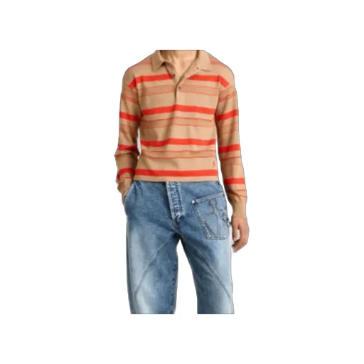 Knitted Striped Rugby Polo Top In Biscuit