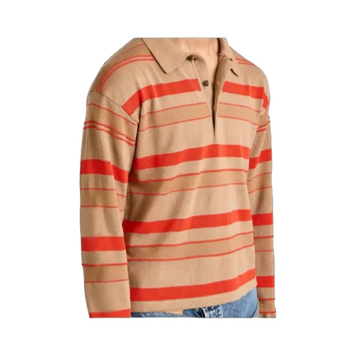 Knitted Striped Rugby Polo Top In Biscuit