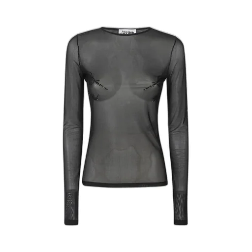 Mesh Crewneck Long Sleeves Top Embroidered