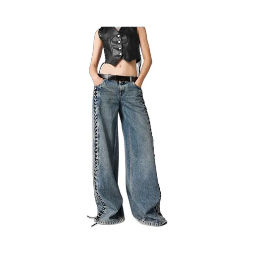Wide-Leg Lace-Up Denim Jeans