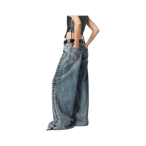 Wide-Leg Lace-Up Denim Jeans