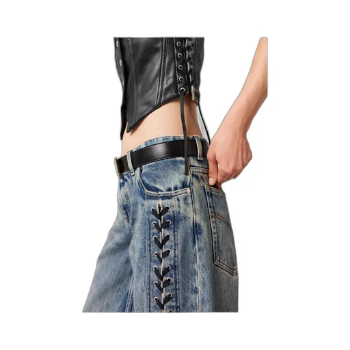 Wide-Leg Lace-Up Denim Jeans