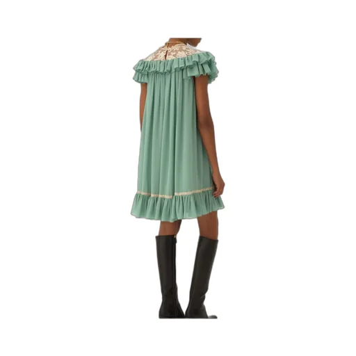 Short-Sleeve Mini Dress In Silk Georgette & Lace