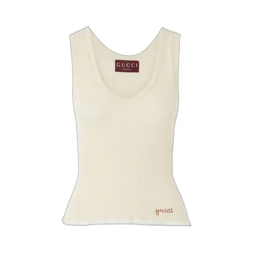 Embroidered Lace-Trimmed Ribbed Knit Vest