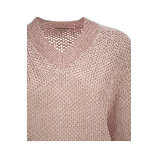 Peserico V-Neck Embellished Mesh Knit Top