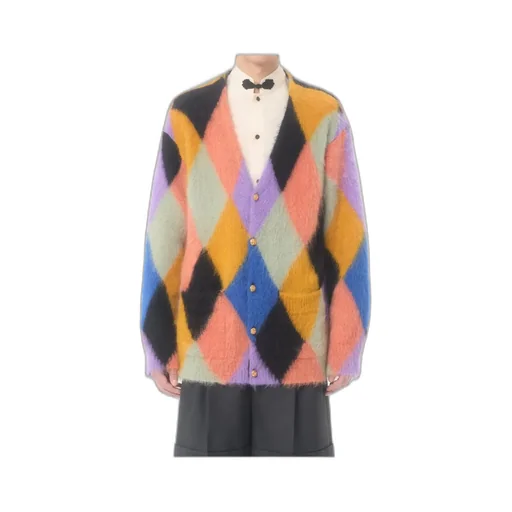 Rhombelle-Pattern Button-Up Cardigan